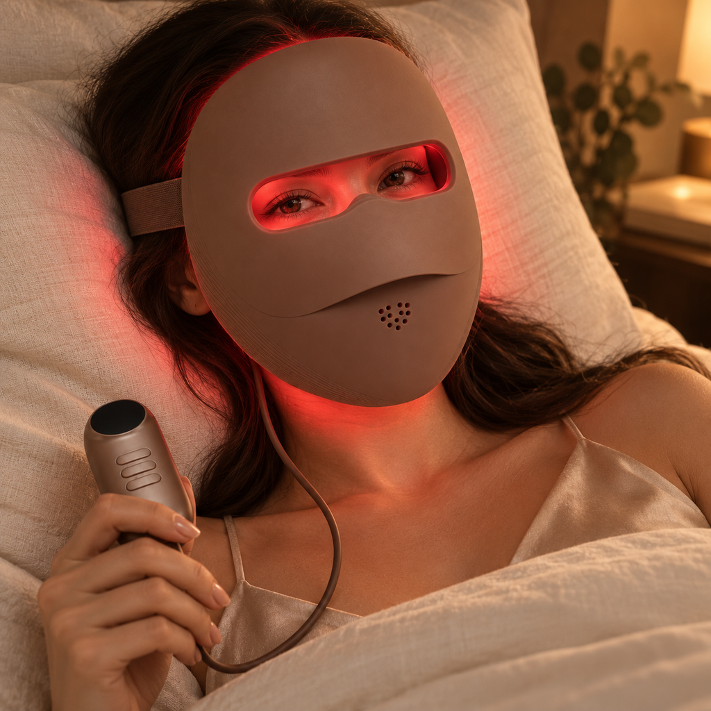 Auva Glow Mask mocha brown studio product shot with remote and coiled cable