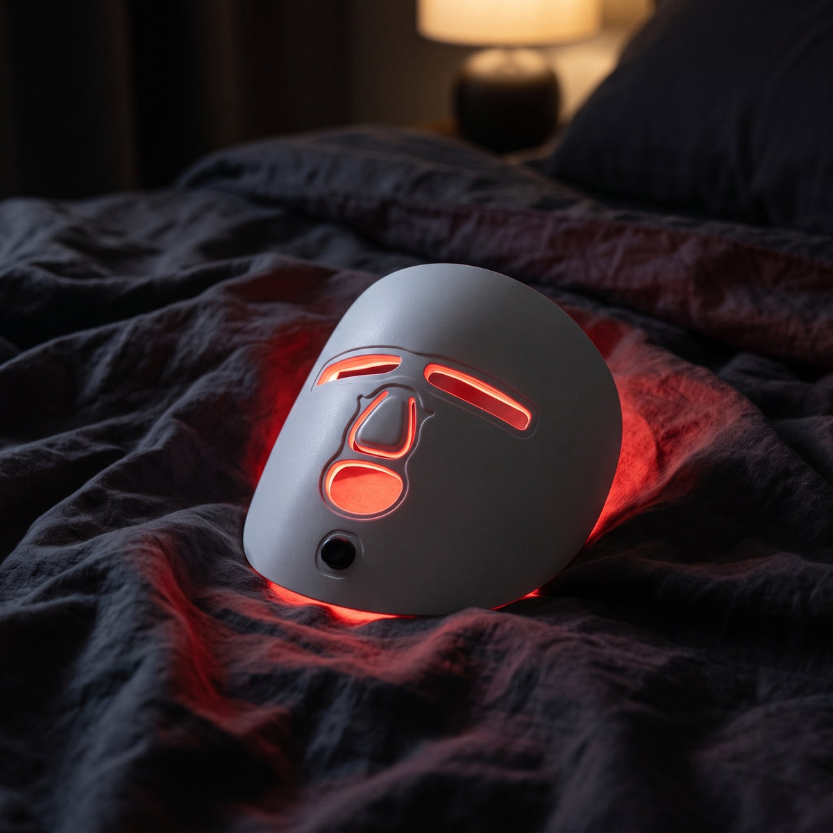 Auva Glow Mask glowing red on bedding at night, evening skincare ritual