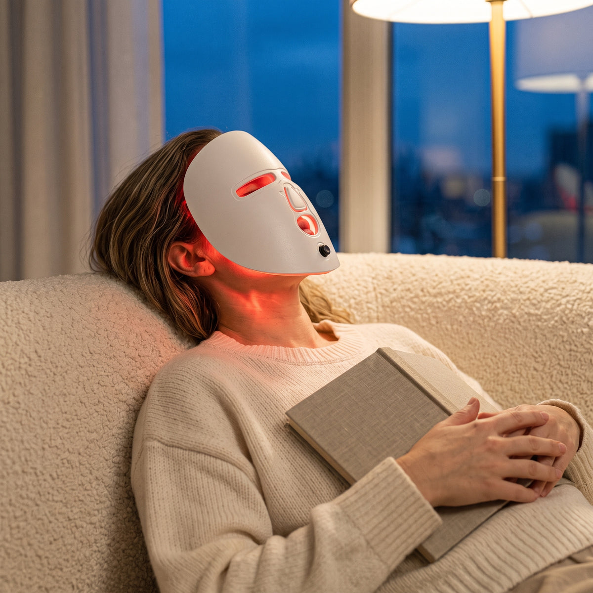 Woman relaxing on sofa wearing Auva Glow Mask LED face mask with red light on