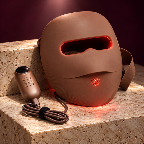 Auva Glow Mask sculpted red light therapy mask reclining on travertine with warm red glow, aubergine backdrop