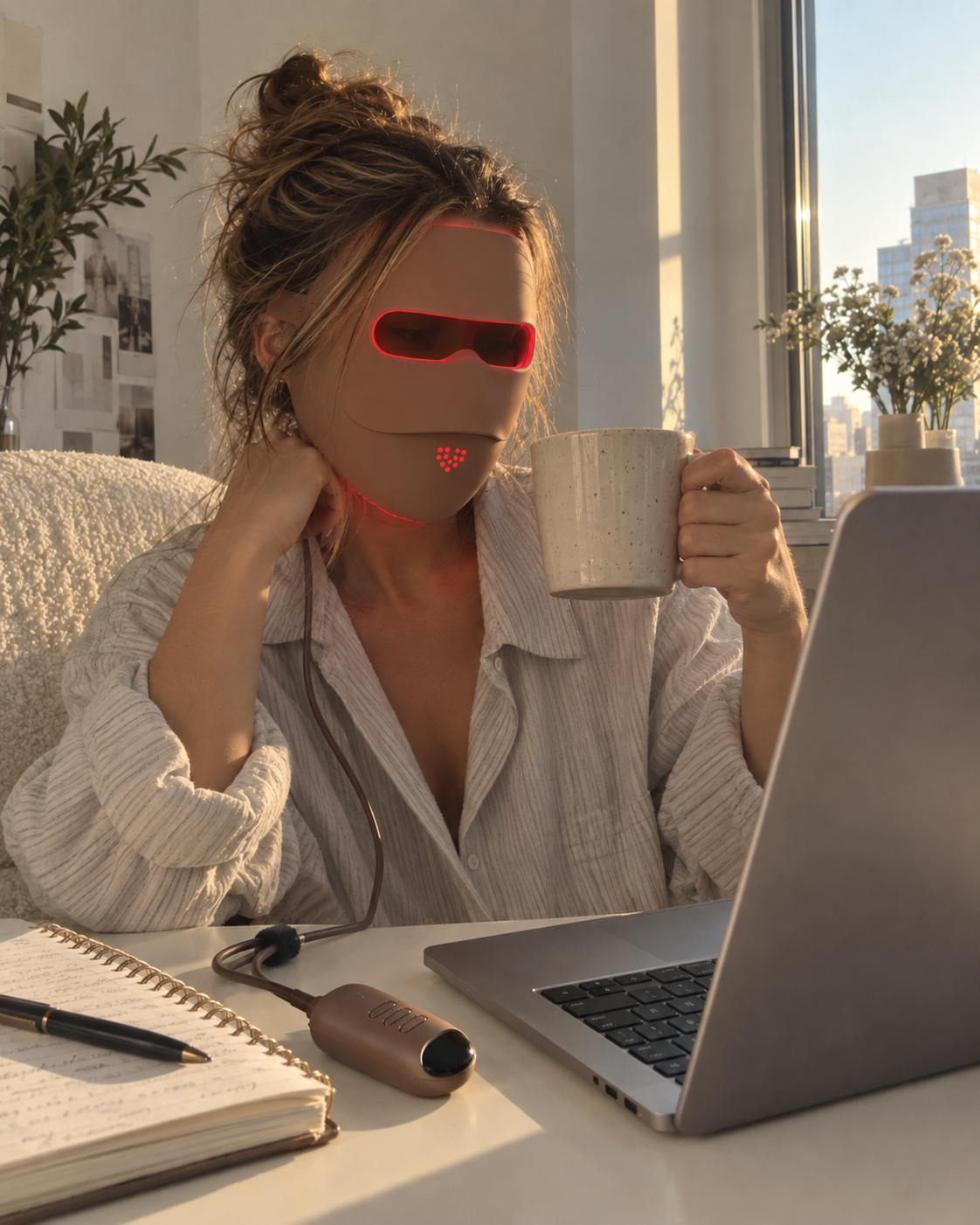 Relaxing on the sofa at golden hour wearing the Auva Glow Mask