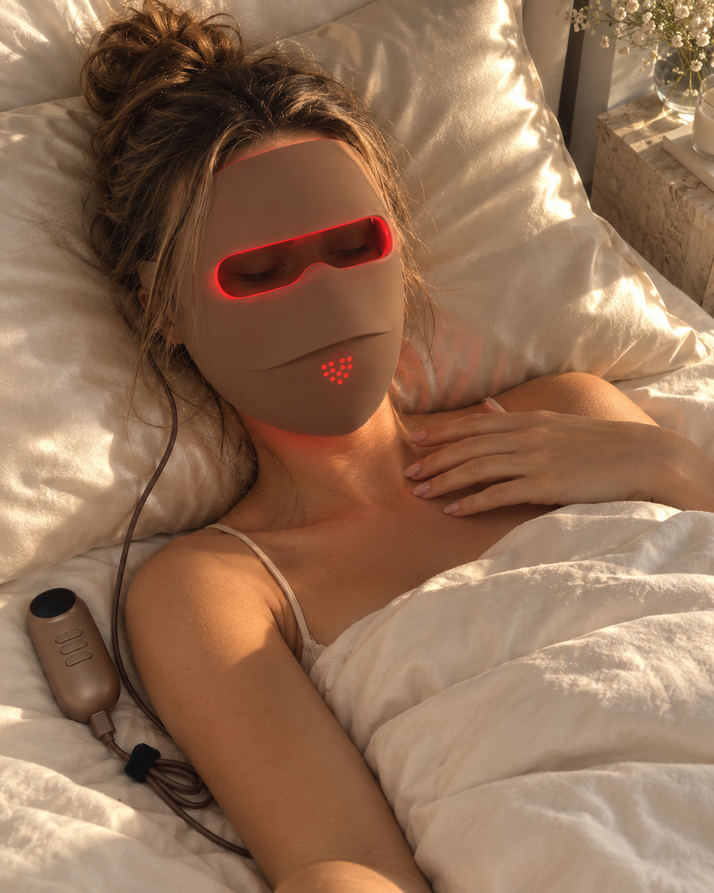Mask ritual before the bath: Auva Glow Mask worn on the tub edge, remote in hand