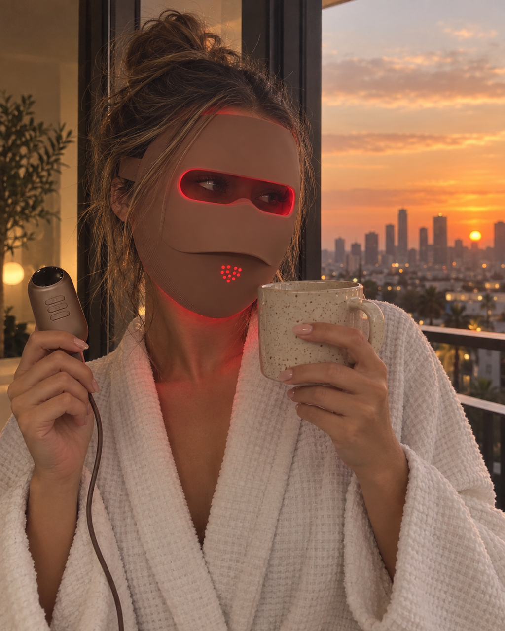 Morning silk-pillow moment wearing the glowing Auva Glow Mask