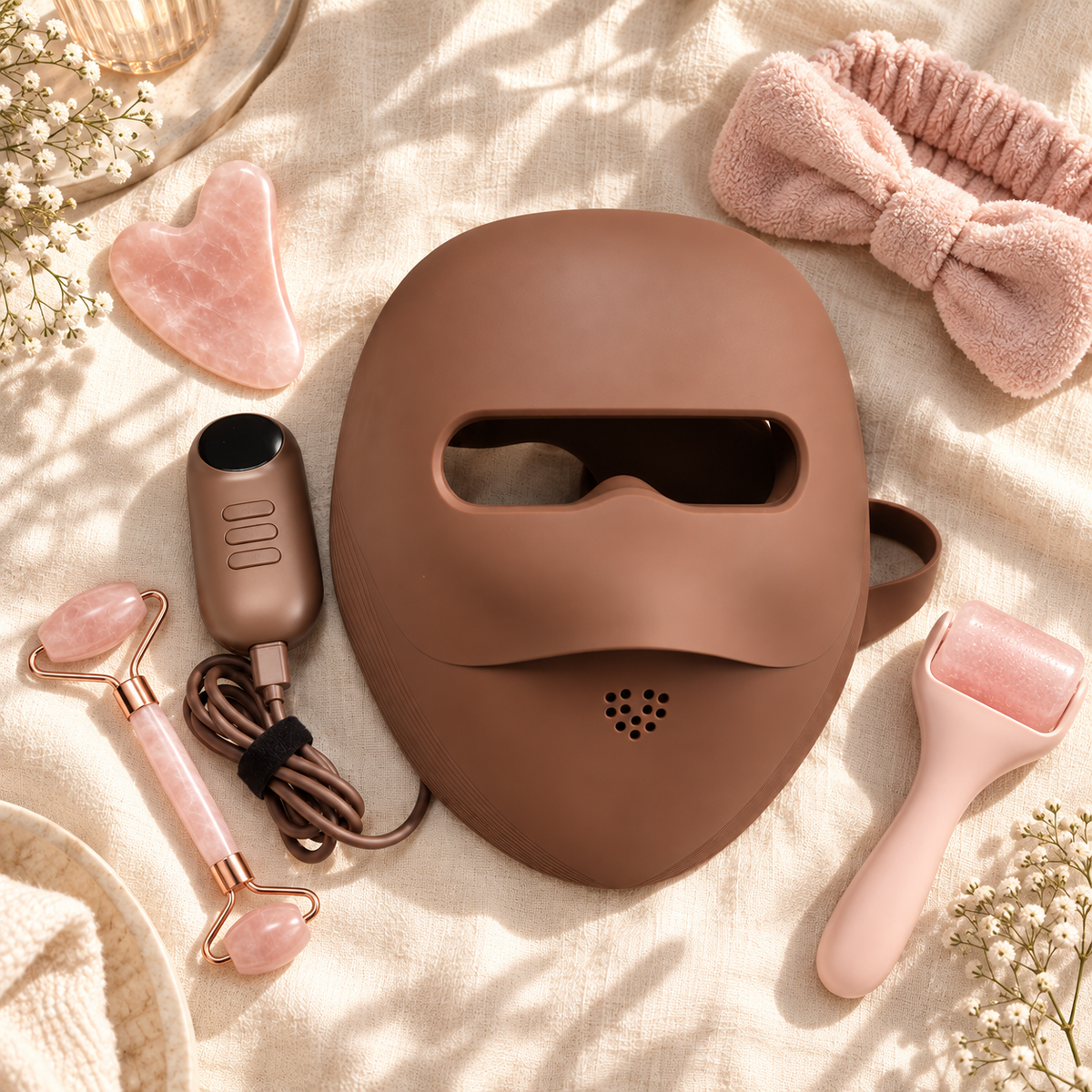The complete Auva ritual: Glow Mask with rose quartz gua sha, roller, ice roller and spa headband flat-lay