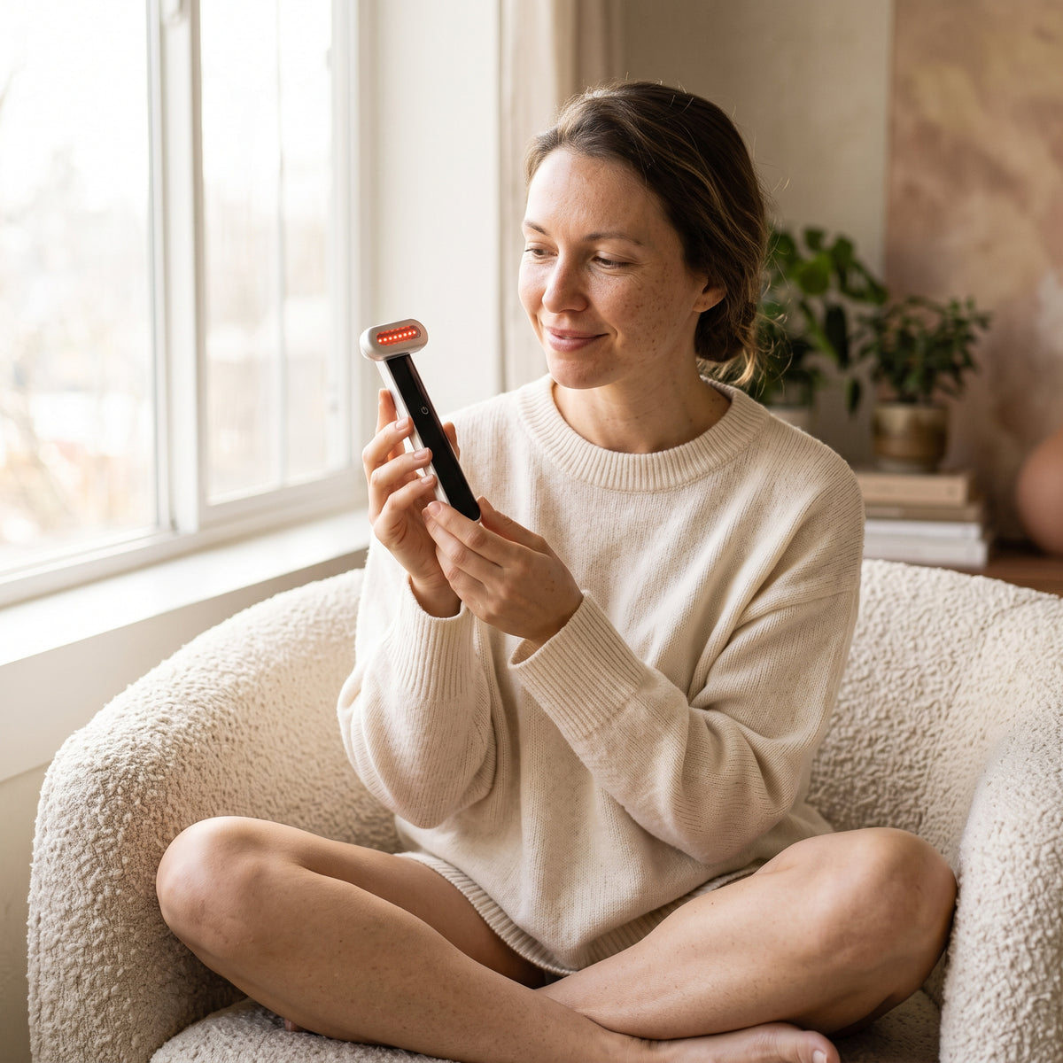Woman holding Auva Glow Wand facial wand showing its compact size