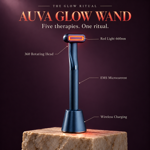 Auva Glow Wand campaign: five therapies one ritual — red light 660nm, EMS microcurrent, 360 rotating head, wireless charging