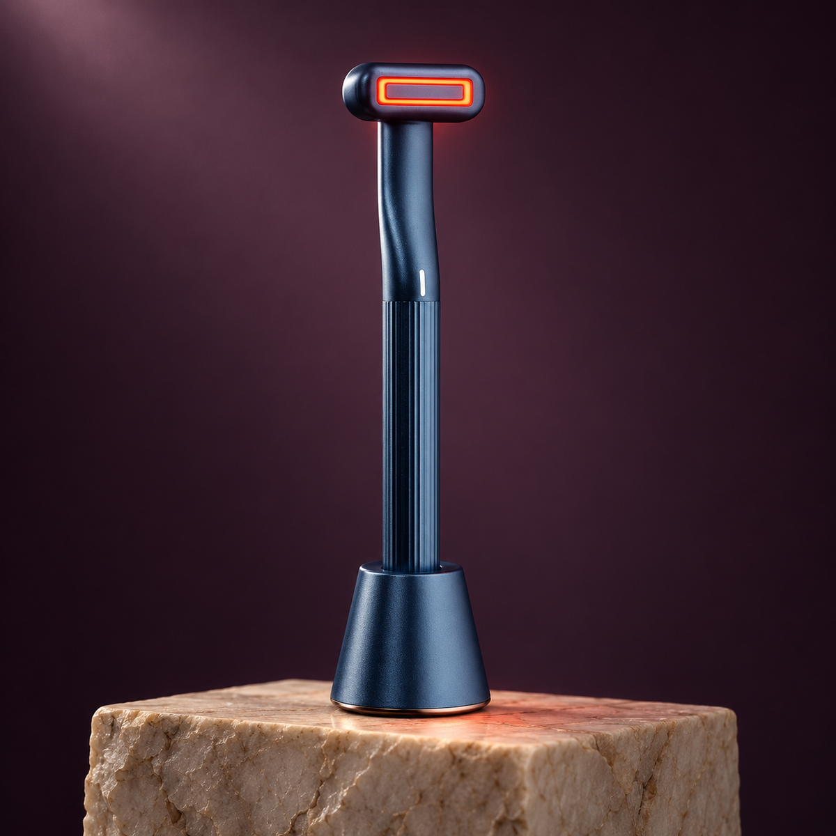 Auva Glow Wand 5-in-1 red light therapy wand on wireless charging stand, cream marble podium, aubergine background