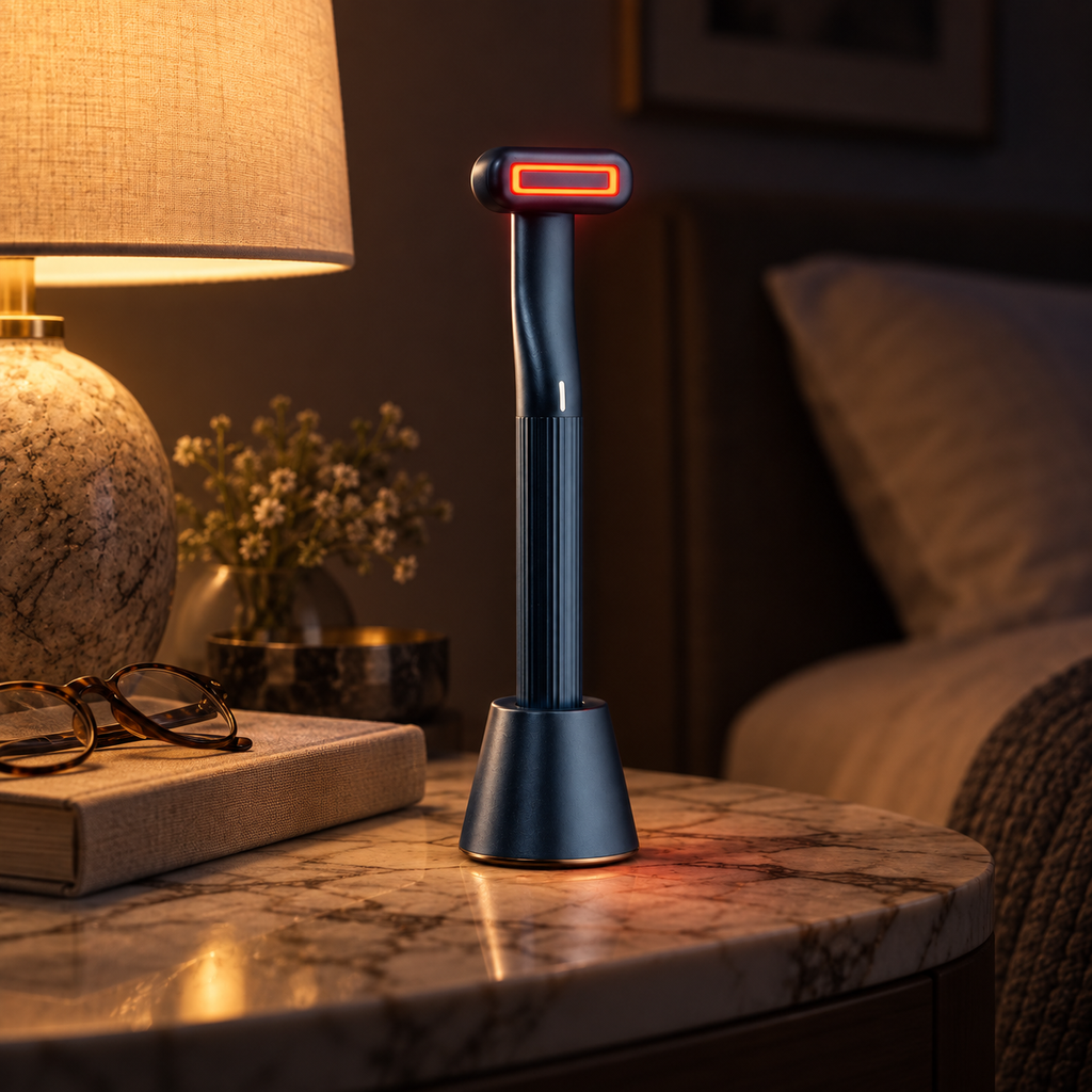 Auva Glow Wand glowing on marble nightstand beside lamp and reading glasses at night