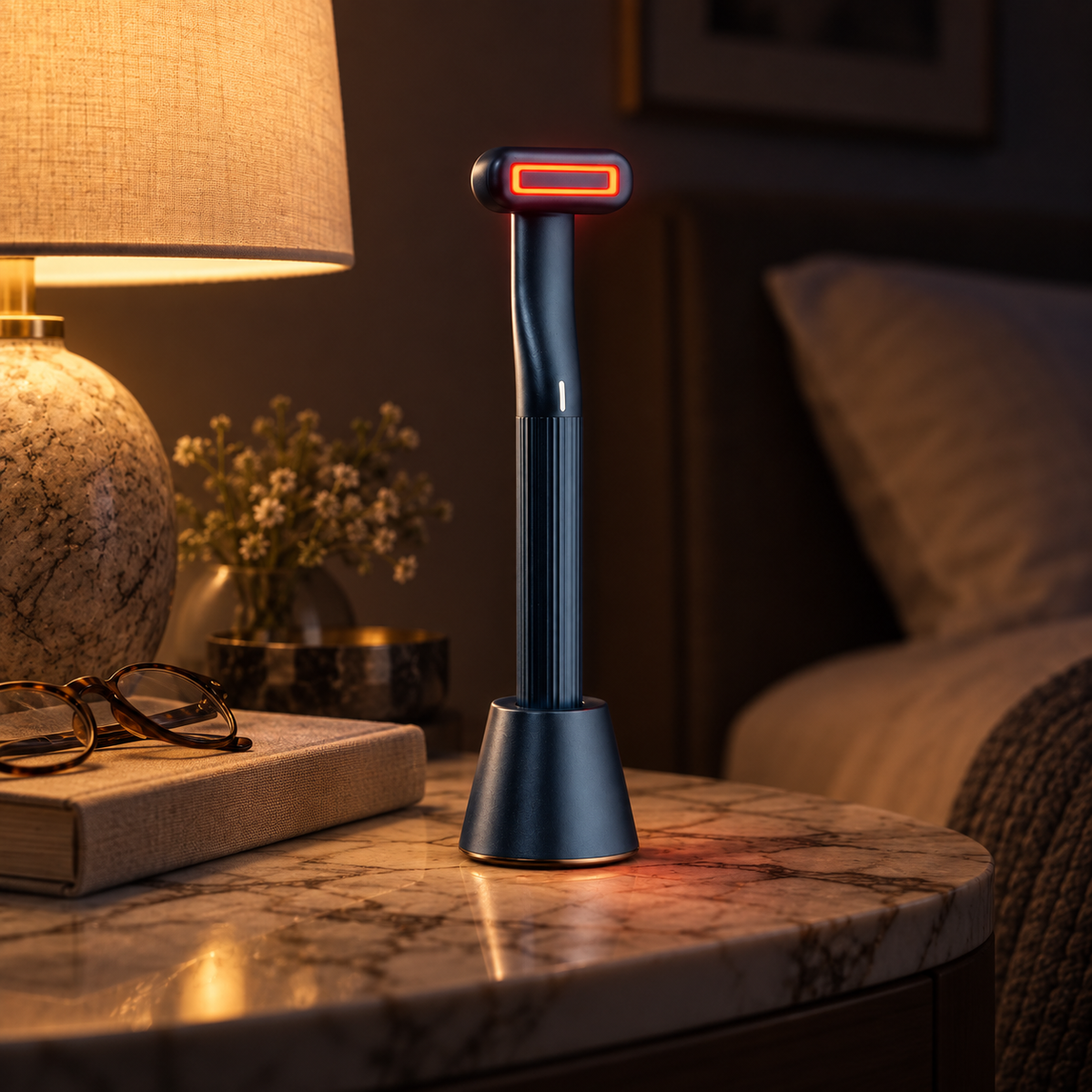 Auva Glow Wand glowing on marble nightstand beside lamp and reading glasses at night