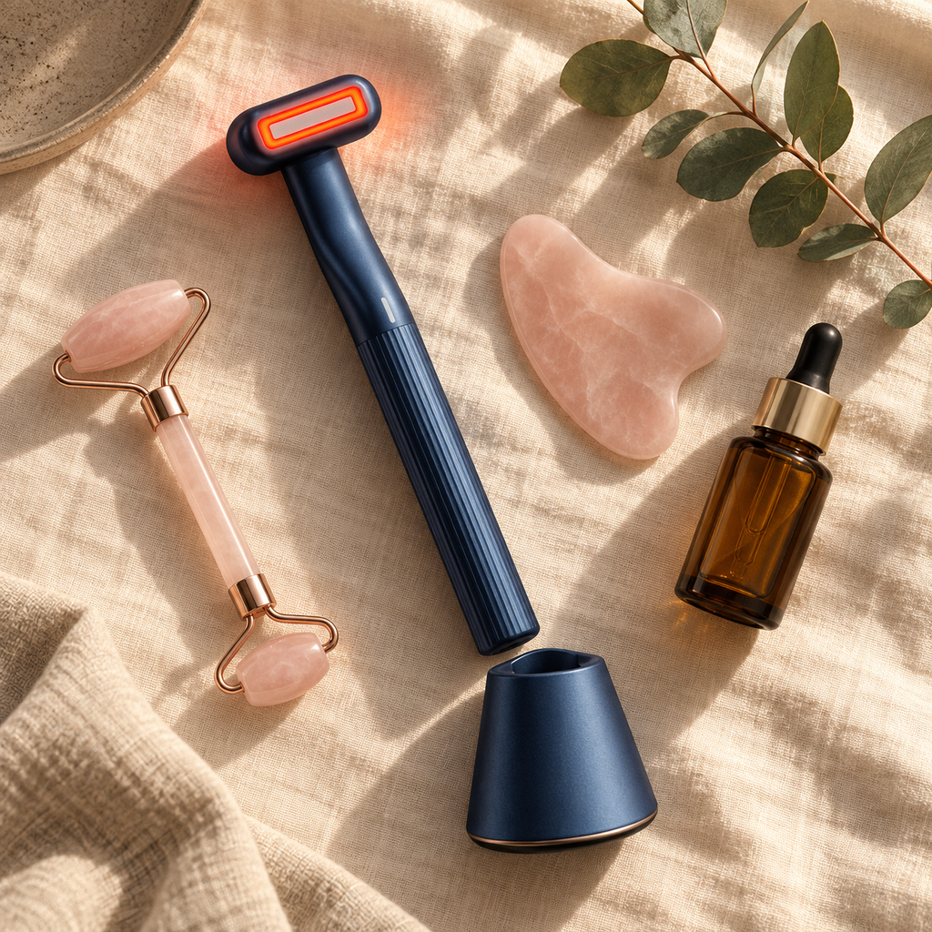 Auva Glow Wand ritual flat-lay on linen with rose quartz roller, gua sha and facial oil