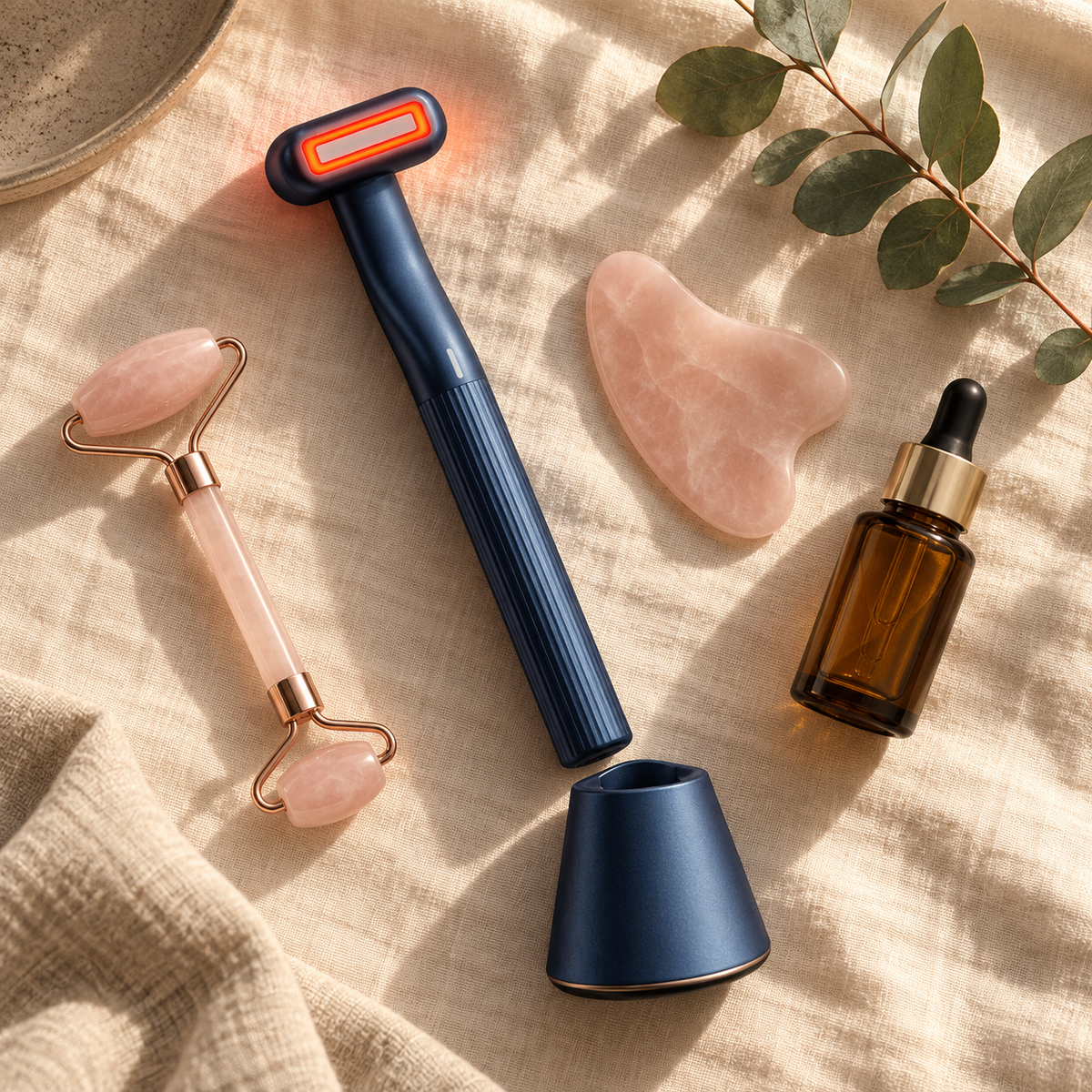 Auva Glow Wand ritual flat-lay on linen with rose quartz roller, gua sha and facial oil