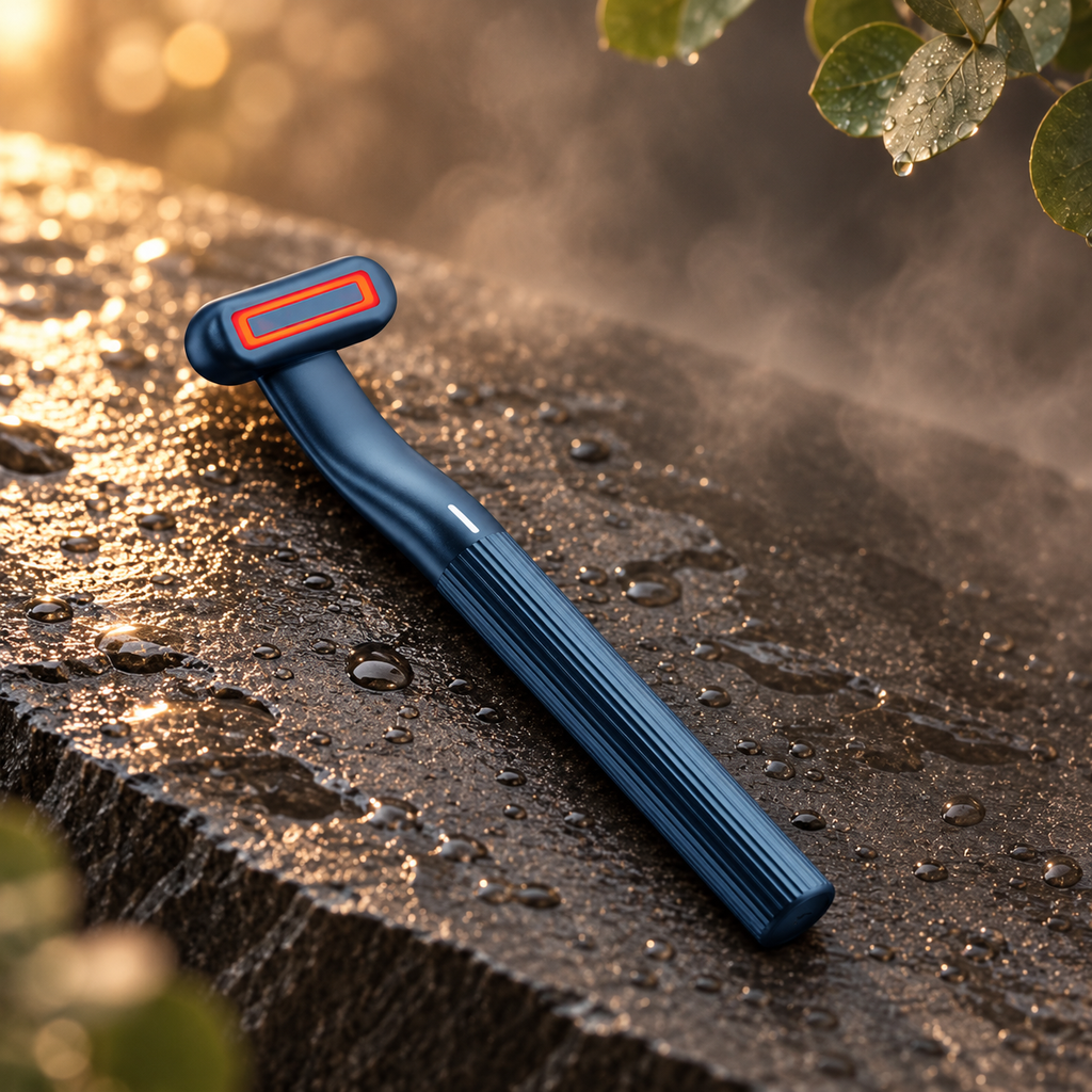 Auva Glow Wand resting on wet slate stone in steamy spa light