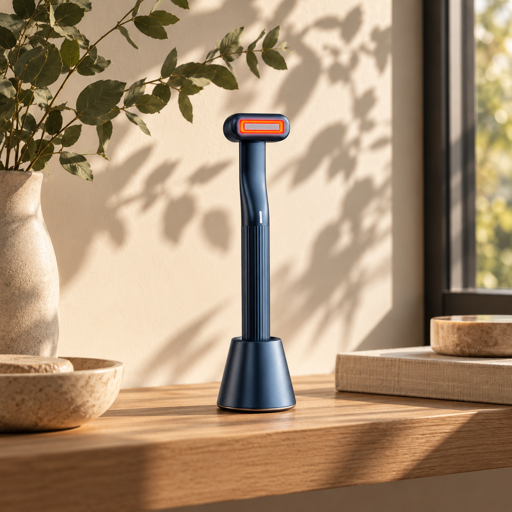 Auva Glow Wand charging on its stand on an oak shelf in morning sunlight