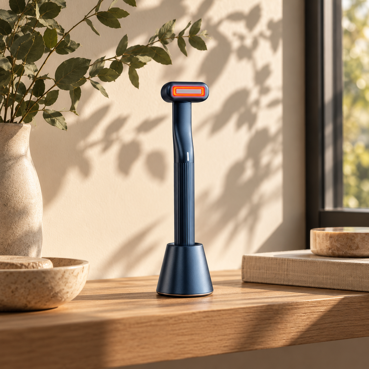 Auva Glow Wand charging on its stand on an oak shelf in morning sunlight